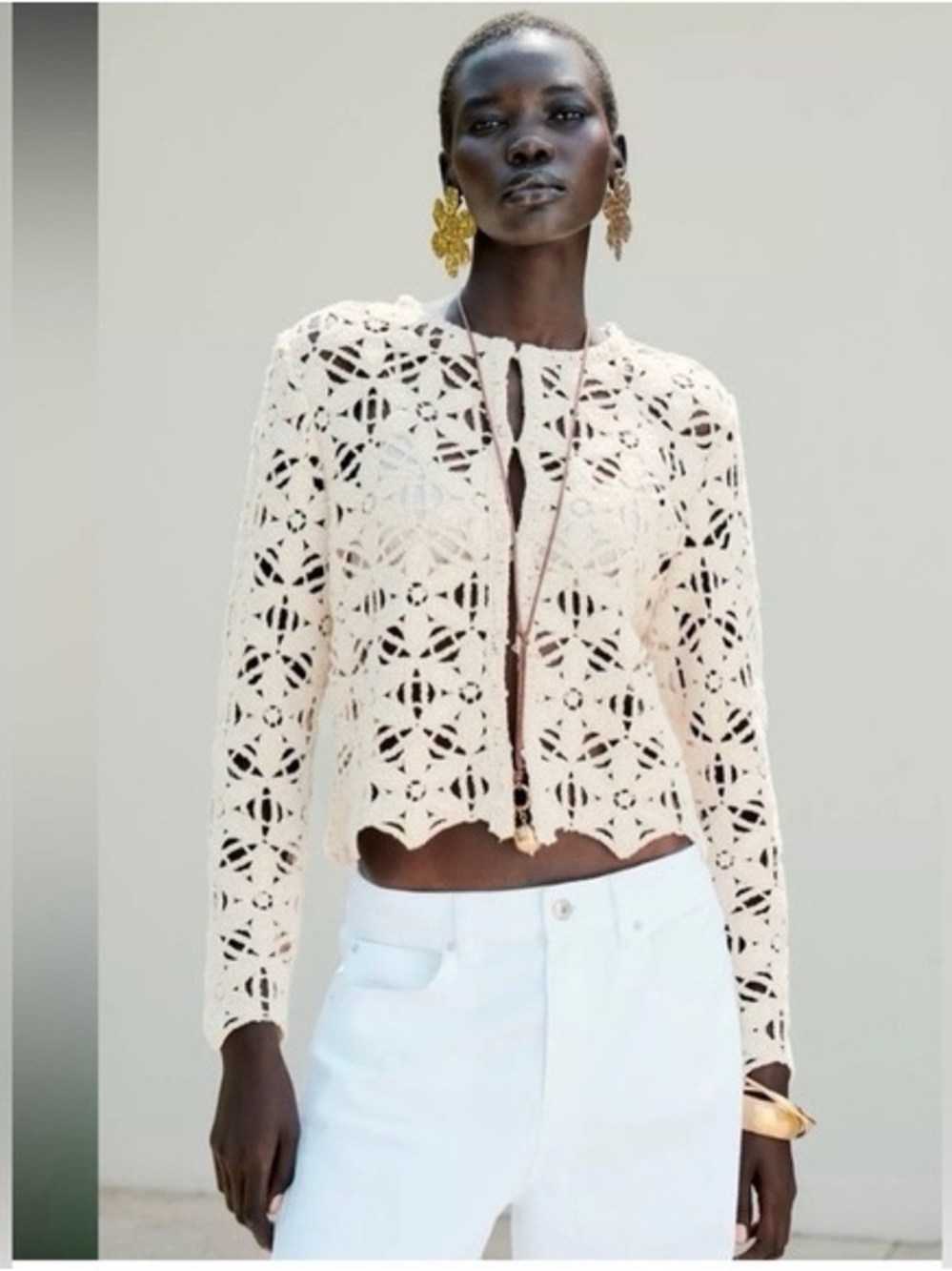 ZARA Crochet Sparkle Knit Cardigan Sweater Cream‎ NWT Size XXL